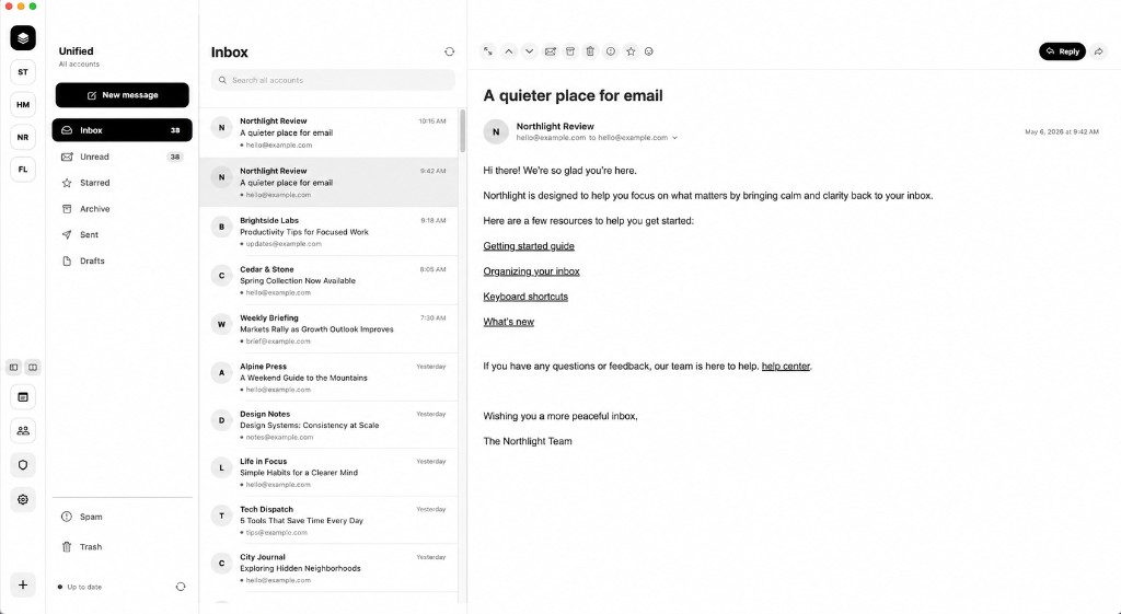 Minimalist Email for macOS showing Unified Inbox, a message list, and a focused reading pane.